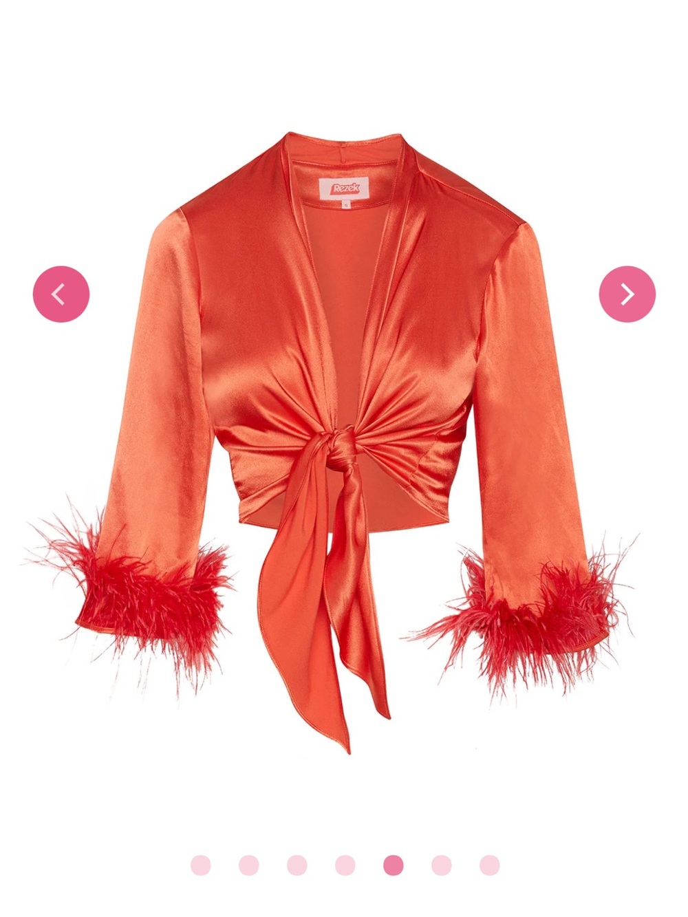 Rococo Satin Tie-Front Feather Cuff Blouse in Coral Red